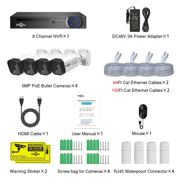 Hiseeu 8CH 5MP NVR Camera System - 4Pcs POE H.265+ IP Security Cameras, Audio, Night Vision 10m, IP66 Waterproof, Onvif - Ideal for Home and Business Security