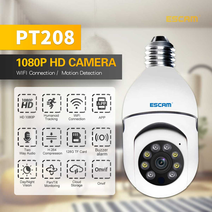 ESCAM PT208 E27 - 1080P WIFI Humanoid Tracking Camera with ONVIF, Two-Way Audio, Dual Light Night Vision - Ideal for Home Security and Surveillance