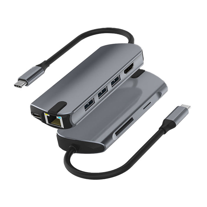 Basix Type-C Docking Station - 8 in 1 USB-C Hub Splitter, USB3.0, PD 100W, 4K HDMI, RJ45 1000Mbps LAN, SD/TF Card Reader - Ideal for PC, Computer & Laptop Connectivity