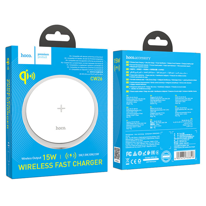 HOCO CW26 Wireless Charger - Fast Charging 7.5W / 10W / 15W Compatibility with iPhone 14 Pro Max, Samsung, Xiaomi 13, TWS Headsets - Ideal for Seamless and Convenient Device Charging