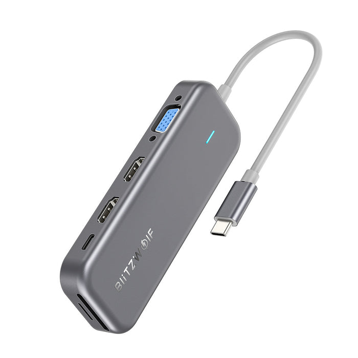 BlitzWolf BW-TH11 - 11-in-1 USB-C Data Hub, Dual 4K HDMI, 1080P VGA, USB3.0, USB2.0, 1000Mbps RJ45 LAN, SD/TF Card Slots - Up to 100W Type-C PD Charging for Professionals