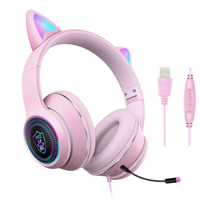 AKZ-023 Cat Ear Headset - Wired USB 7.1 Channel Stereo Sound, RGB Luminous Gaming Headphone with Noise-canceling Mic & Sound Card - Perfect for PC Gamers