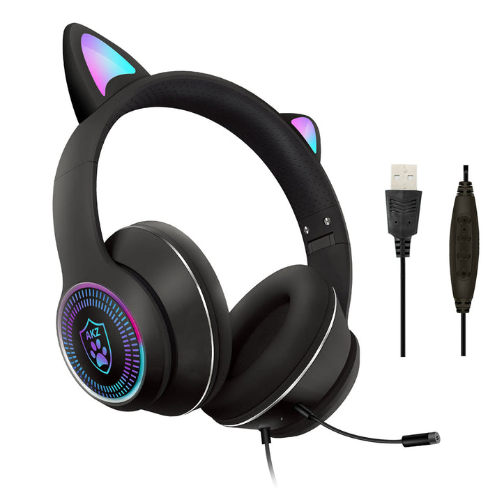 AKZ-023 Cat Ear Headset - Wired USB 7.1 Channel Stereo Sound, RGB Luminous Gaming Headphone with Noise-canceling Mic & Sound Card - Perfect for PC Gamers