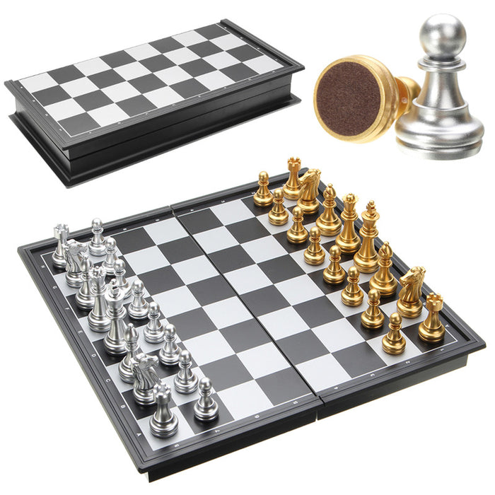 Chess Game Silver Gold Pieces Folding Magnetic Foldable Board Contemporary Set